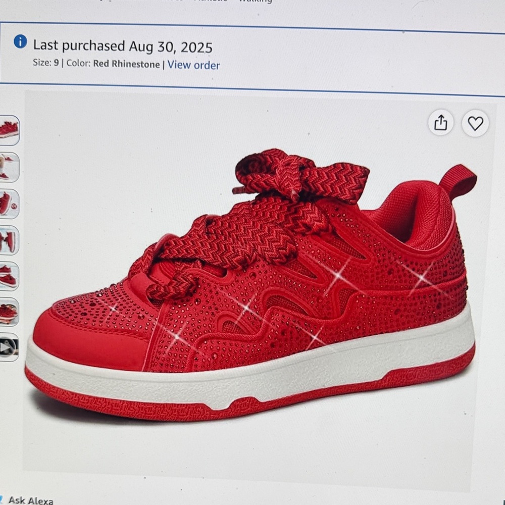 Ladies Red Rhinestone Lace-Up Sneakers
